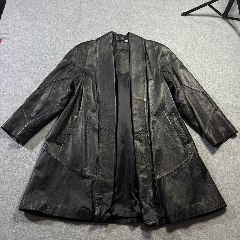 Vintage Preston & York Black Leather Swing Coat Open Front Petite Medium Grunge